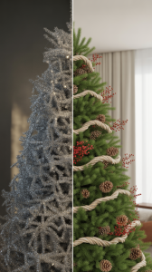 A split-screen comparison of two Christmas trees side by side
