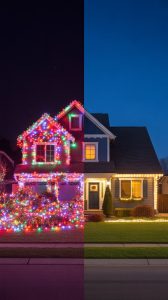 Split screen comparison showing a home with excessive multicolored flashing Christmas lights on the left versus the same home with elegant warm white lights on the right, demonstrating outdated vs modern holiday decorating trends