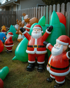Front yard cluttered with numerous cheap plastic Santa and snowmen decorations creating an overwhelming and dated Christmas display