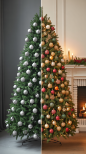 Split screen showing a Christmas tree with uniform matching ornaments on left versus a tree with eclectic personalized ornaments on right, contrasting impersonal vs meaningful decorating style