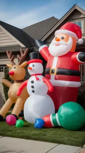Front yard with oversized inflatable Christmas decorations including giant Santa and snowman showing wear and creating a cluttered, outdated appearance