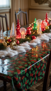 Dining table with cheap vinyl Christmas tablecloth and artificial snow blankets showing outdated holiday decor with plastic appearance and garish holiday prints