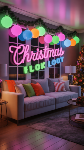 Christmas living room decorated with jarring neon colors including hot pink, electric blue, and lime green ornaments and lights, showing an outdated holiday decorating trend that lacks warmth
