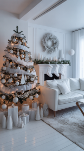 Living room with excessive all-white Christmas decorations including white tree, ornaments, and furniture creating a cold, sterile atmosphere that lacks warmth and festive coziness