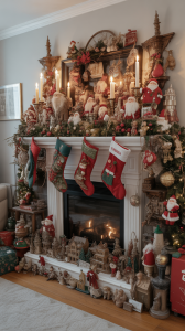 Overcrowded Christmas mantel filled with excessive holiday decorations including multiple Santa figurines, candles, ornaments, and garland creating a cluttered and chaotic display