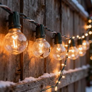 Large vintage corded Christmas light bulbs hanging beside modern LED light strands glowing warmly in a festive indoor setting.