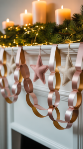 Modern Christmas paper chain decorations made with metallic papers, ribbons, and felt ornaments hanging on a festive mantel.