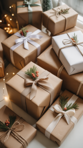 Minimalist Christmas gifts wrapped in solid paper with simple ribbons and sprigs of greenery on a cozy holiday table.