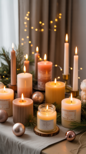 Assorted Christmas candles of different heights and scents arranged with greenery for a cozy holiday display.