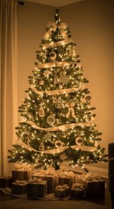 Pre-lit Christmas tree glowing with warm lights and elegant ribbons in a cozy holiday living room