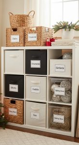 Labeled storage baskets and bins for organizing Christmas ornaments, garlands, and decorations.