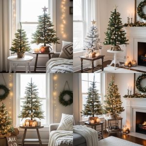 Home decorated with several small Christmas trees, each styled with unique ornaments and lights.