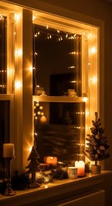 Indoor Christmas string lights hung around window frames creating a warm, cozy glow.