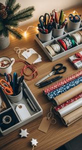 Christmas wrapping station with organized supplies like ribbons, scissors, tape, and gift tags.