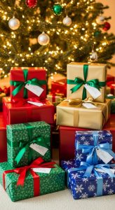 Color-coded Christmas gifts with different wrapping paper colors for each family member.