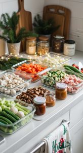 Holiday food prep with chopped vegetables and cooked ingredients stored in airtight containers.