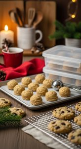 Pre-scooped cookie dough balls on a tray ready to freeze for quick holiday baking.
