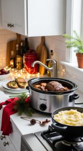 Slow cooker filled with hearty holiday food surrounded by cozy Christmas kitchen decor.