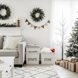 Decluttered living room with labeled baskets for donation and storage before Christmas decorating.