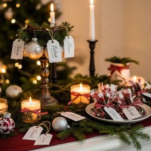 Christmas table decorated with ornaments that double as guest favors and gifts.