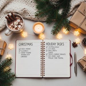 Christmas planner with a holiday checklist and deadlines surrounded by festive decor.