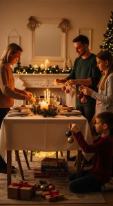 Family decorating and preparing for Christmas together, sharing holiday tasks.