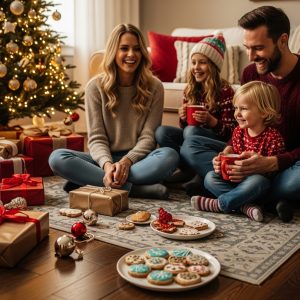 Candid Christmas moment with mismatched decor and family laughing together