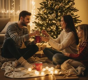Couple and family decorating a Christmas tree together with lights, ornaments, and laughter