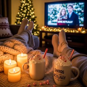 Cozy Christmas movie night setup with hot cocoa, blankets, candles, and classic holiday films.