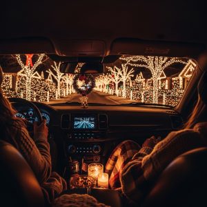 Couple enjoying a romantic Christmas lights drive with snacks and music in a car