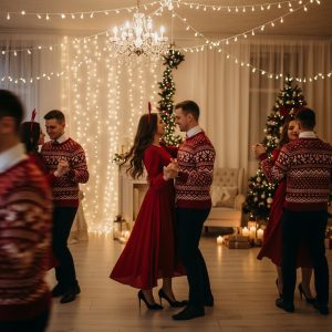 Couple dressed in festive outfits dancing together at a Christmas party or by a decorated tree