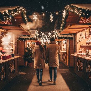 Couple walking hand in hand through a glowing Christmas market at night