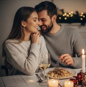 Couple enjoying a romantic candlelight Christmas dinner at home
