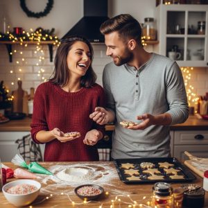 Couple playfully baking and decorating Christmas cookies together