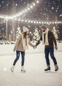 Couple holding hands while ice skating under Christmas lights, laughing