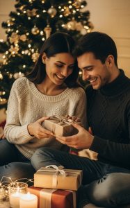 beside a glowing tree, smiling and connecting.