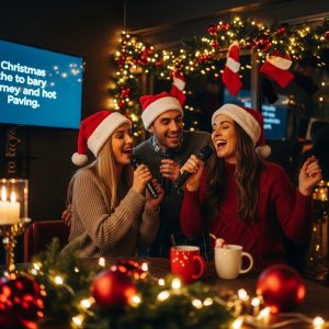 Couple singing Christmas songs together at home or in a karaoke bar, laughing and celebrating the holidays.