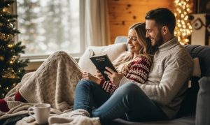 warm cabin with lights, blankets