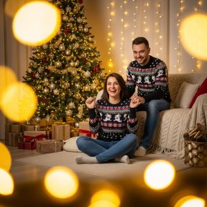 Couple wearing matching sweaters taking DIY Christmas photos with twinkle lights and festive props.
