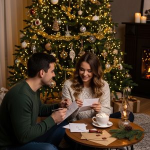 Couple writing and exchanging heartfelt love letters by the Christmas tree under soft festive lights