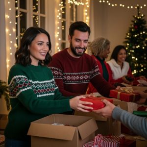 Couple volunteering together at a Christmas charity event, sharing gifts and smiles with the community.