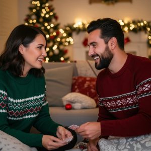 Couple playing board games in a festive Christmas living room