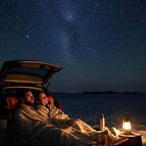Couple lying under blankets stargazing on Christmas Eve with hot tea and a glowing winter sky.