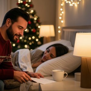 Partner placing a handwritten love letter beside coffee on a quiet Christmas morning.