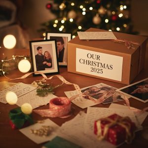 Couple creating a Christmas 2025 memory box