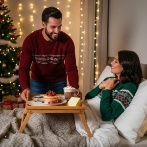 Husband Surprising Wife with a Christmas Morning Breakfast Picnic