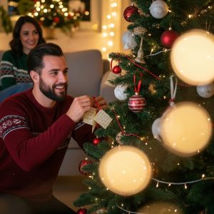 A realistic, heartwarming Christmas morning scene showing one partner kneeling beside a glowing Christmas tree, hiding handwritten love notes inside ornaments and tying some to branches with red ribbons.