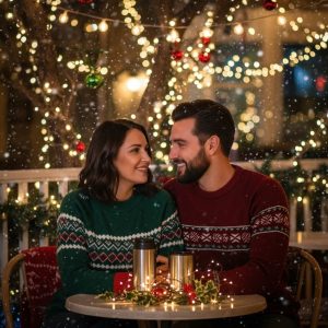 Couple wearing Christmas sweaters sharing hot cocoa and laughter while recreating their first date with festive lights.