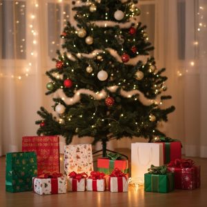 Couple exchanging numbered mini gifts for a 12 Days of Christmas countdown beside a glowing tree.