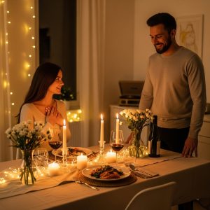 Romantic candlelight dinner setup at home with a husband surprising his partner with a home-cooked meal.